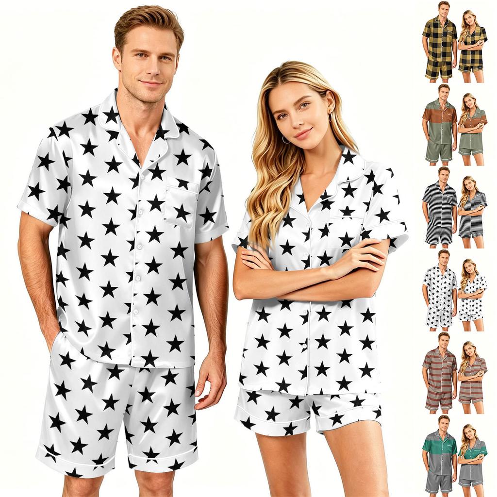 Couple Matching Pajama Set Short Sleeve Button Down Shirt with Hem and Shorts Set Soft Casual Sleepwear Available In Sizes S To XXXXL