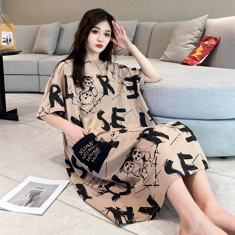 Pajamas Women's Summer Thin Pajamas Short Sleeves Large Size Fat Mm Medium and Long Pajamas Pajamas Loungewear