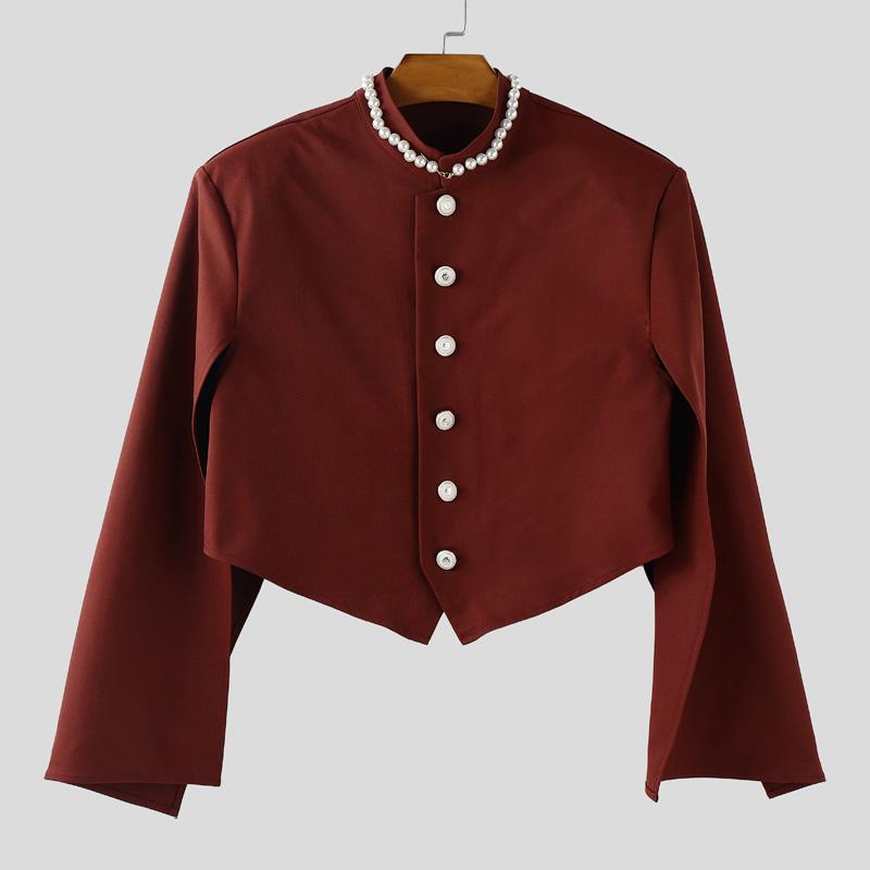 

INCERUN Мужские пальто-кейпы с бусинами, воротником-стойкой, разрезами на рукавах, пуговицами и неровным укороченным подолом 5XL красный