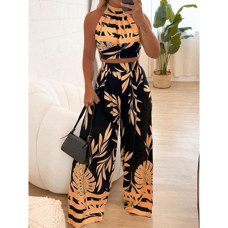 

Ln1146 In-Stock 2025 Spring/Summer New Cross-Border Women s Fashion Stylish Printed Halter Neck Backless Straight-Leg Pants Two-Piece Set Orange M