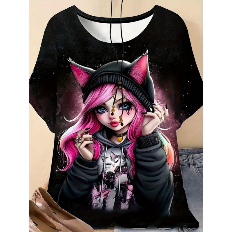 Plus Size - Plus Size - Women S Plus Size Black Anime Angel Printed T-Shirt S
