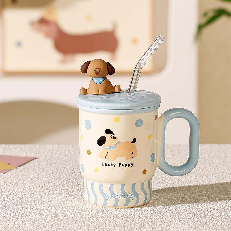 

Кружка мультяшного кота с крышкой и соломинкой, бытовая керамическая чашка высокой ценности для девочек, подарок на день рождения, чашка для воды 400ML