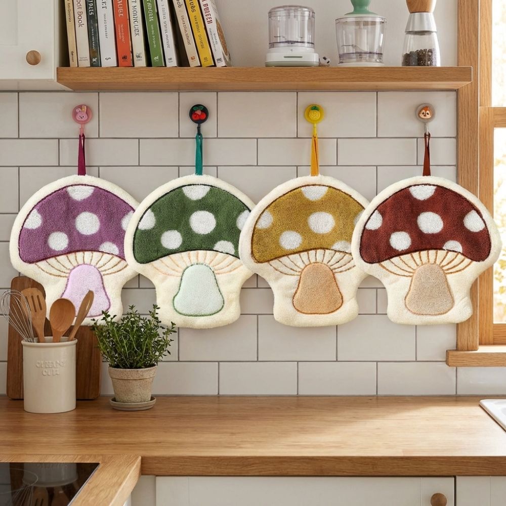 Quick-Dry Mushroom Theme Hand Towel Coral Fleece Soft Toilet Handkerchief Comfort Thickened Bathroom Kerchief Kitchen Home