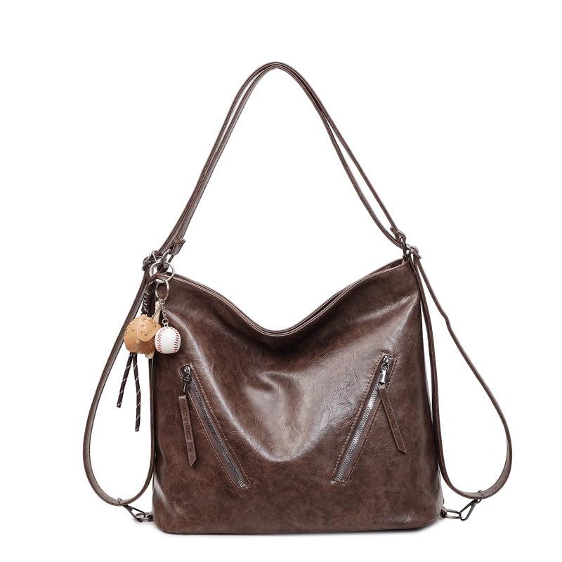 

Кожаная сумка-хобо женская модная плечевая сумка-тоут с двумя карманами на молнии и регулируемым ремнем кофейный