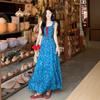 Holiday wind blue floral suspender dress women's summer French waist long dress design sense gentle a word skirt