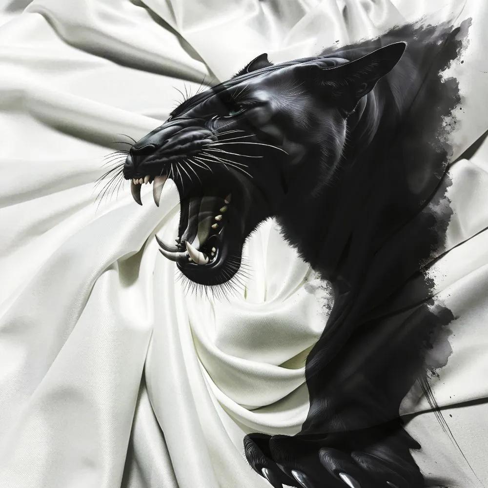 Men's White T-Shirt with Realistic Roaring Black Panther Print, Aggressive Wild Cat Graphic, Short Sleeve Crew Neck Tee for Casual Streetwear
