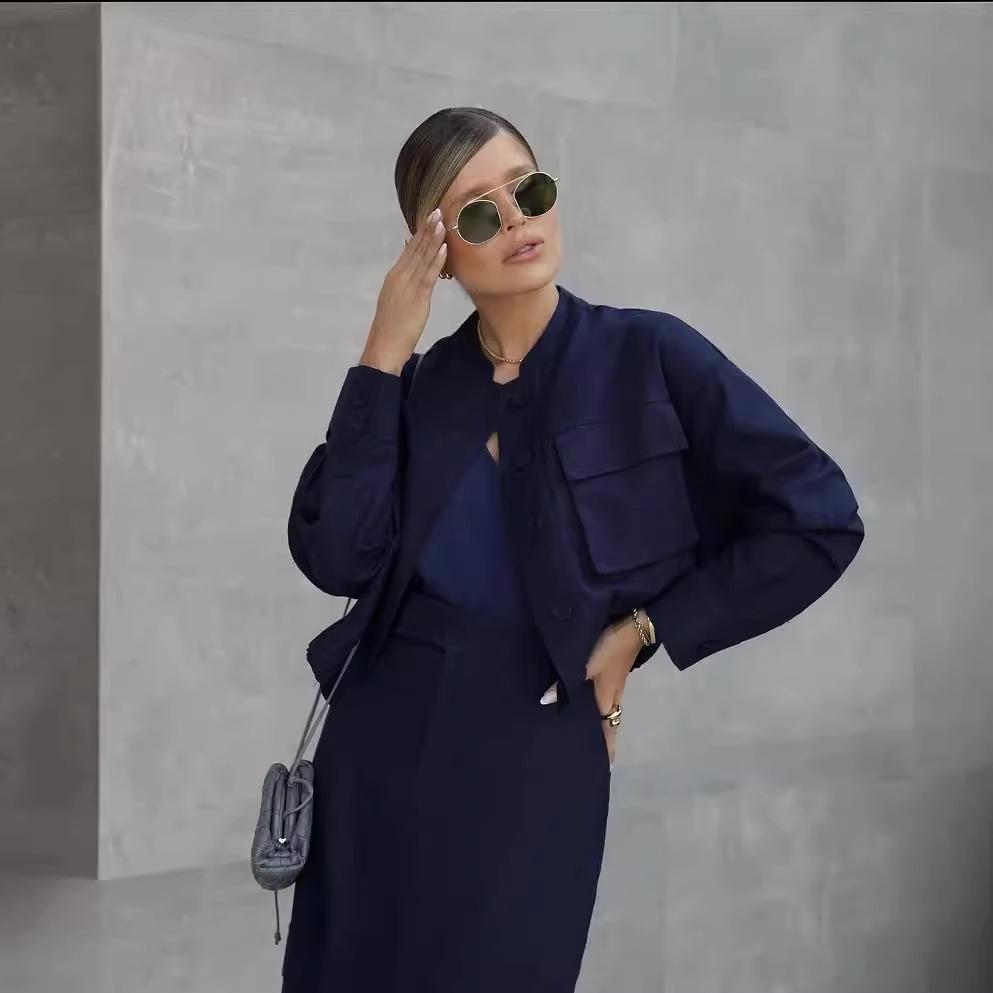 2024 Autumn European & American Solid Color Slim Short Jacket & Casual Long Dress Two-Piece Set for Women