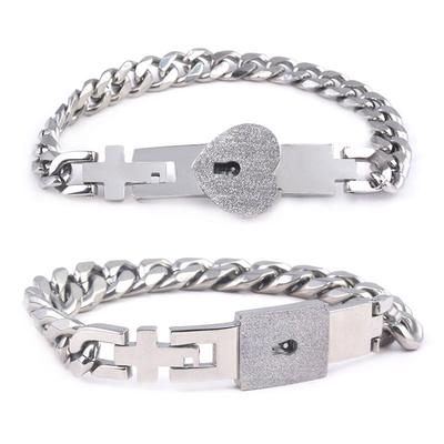 2Pcs Tone Stainless Steel Lover Heart Love Lock Bracelet with Lock Key Bangles Kit Couple Jewelry Gift