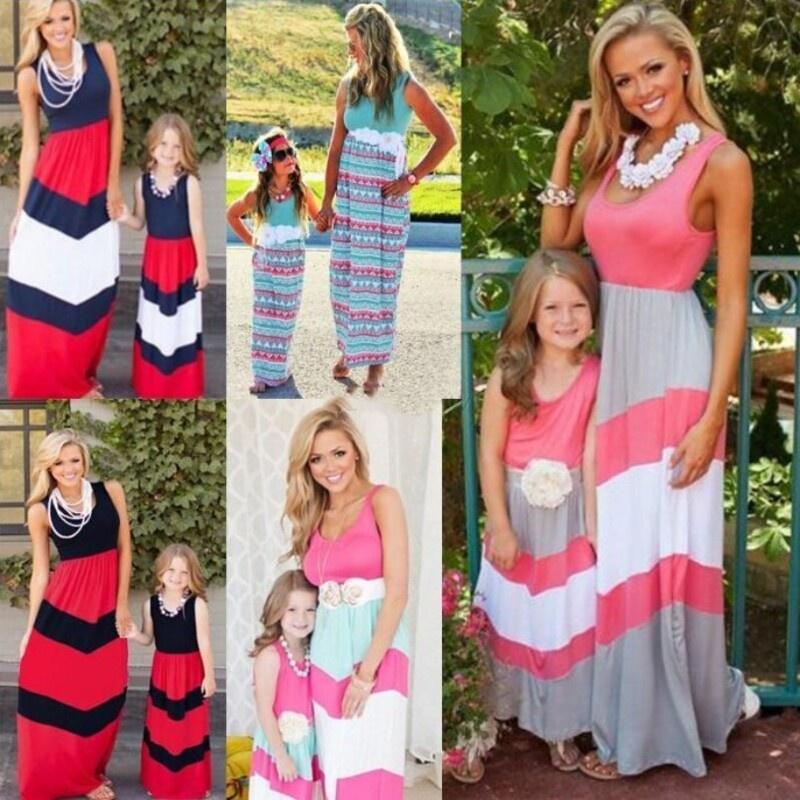 Oszałamiająca Sukienka Maxi w Pasy Niebiesko-Czerwone Color-blocking dla Kobiet i Dzieci