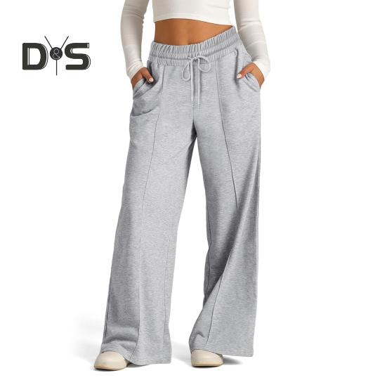 Women Sweatpants Elastic Mid-rise Adjustable Drawstring Straight Wide Leg Jogger Athletic Pants with Pockets Loose Fit Yoga Trousers