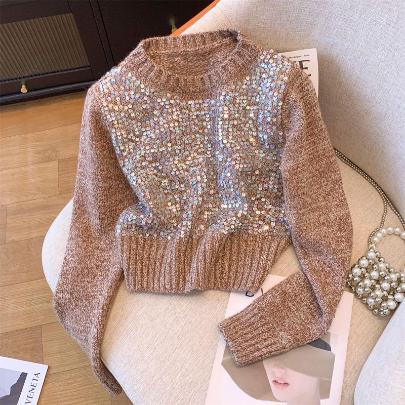 Heavy Industry Sequined Short Round Neck Pullover Knitted Sweater Autumn and Winter New Sweet Temperament Design Sweater