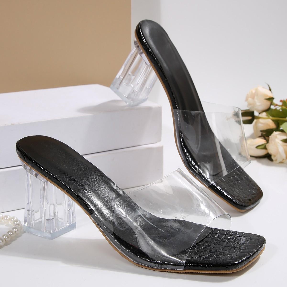 

One word transparent with high heel square head slippers women s 2025 summer new thick heel crystal PVC fashion slippers 43 чёрный