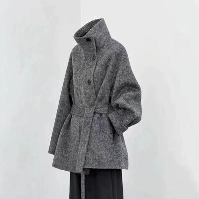 Manteau en laine mi-long pour femme à col montant et ceinture, couleur unie, outerwear décontracté