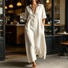 Summer Cotton Linen Dress for Women, Casual Loose Short Sleeve Long Dress, Button Up Lapel V Neck Flowy Maxi Dress