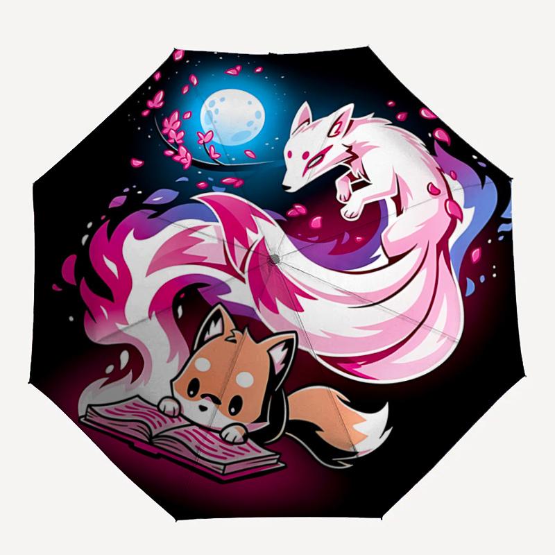 1pc Fox Reading Book with Cherry Blossoms Automatic Umbrella Design, Cute Cartoon Pattern, Portable Outdoor Umbrella, Perfect F079