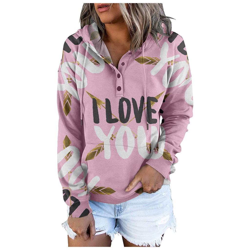 Long Sleeve Shirts For Women Valentine's Day  Lightweight Crewneck Loose Casual Print Hooded Draw Rope Pullover Tops