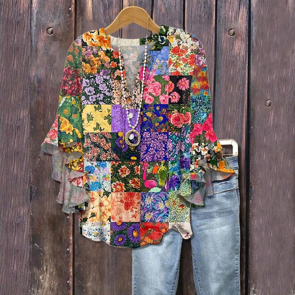Damen Boho Patchwork Blumenbluse, Buntes Rüschenärmel Casual Top, Leichte Sommer Tunika