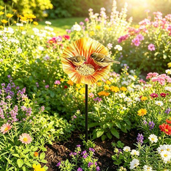 Metal Flower Bird Bath, Decorative Garden Bird Bath Feeder, Outdoor Wild Bird Feeder with 2-Prong Base for Garden Backyard Decor