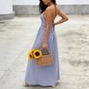 Europe, America 2026 Summer Striped Deep V Neck Dress Holiday Wind Backless Waist Thin Dress