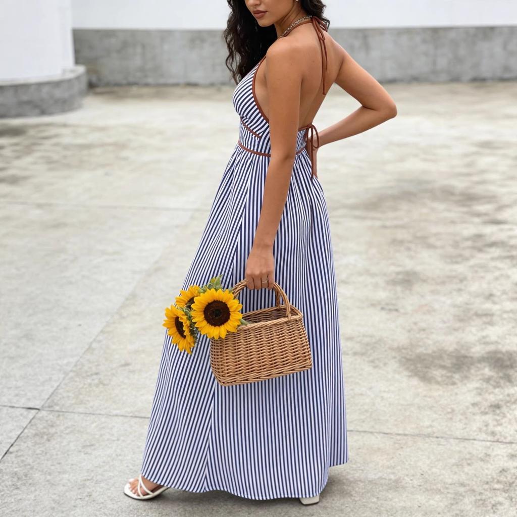 Europe, America 2026 Summer Striped Deep V Neck Dress Holiday Wind Backless Waist Thin Dress