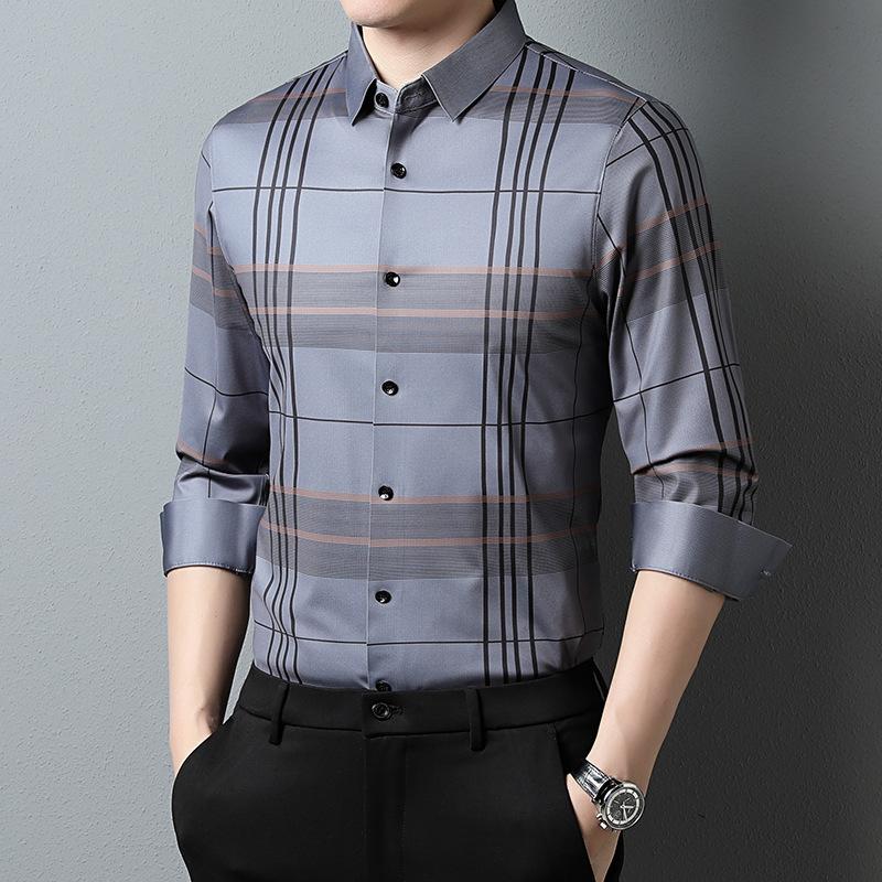 Spring and Autumn New Men's Long-Sleeved Shirt Middle-Aged Men's Clothing Lapel Mulberry Silk Shirt Men