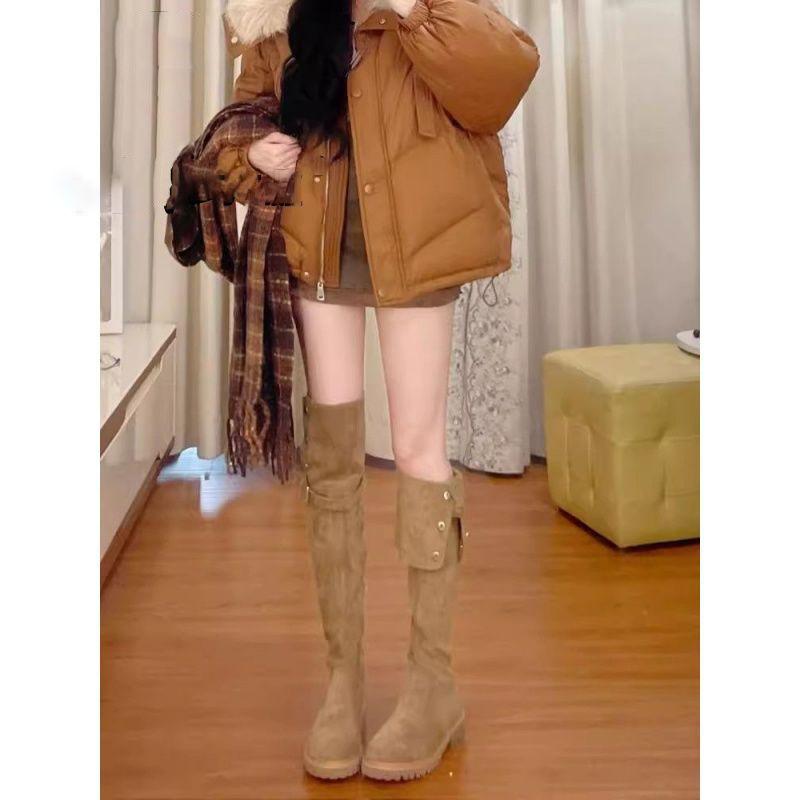 Round head thick heel thin boots are not tired of foot side zipper two wear single boots khaki knee boots women's 2025 autumn new models
