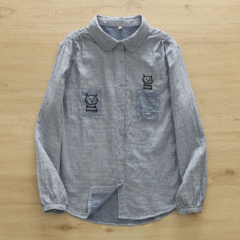 

Двухслойная хлопковая пряжа Гусиная лапка Рубашка с длинными рукавами Свободная Повседневная Большого размера Вышивка котенка Рубашка в клетку Виши Рубашка из чистого хлопка Blue Stripe M 50.00 kg-62.50 kg