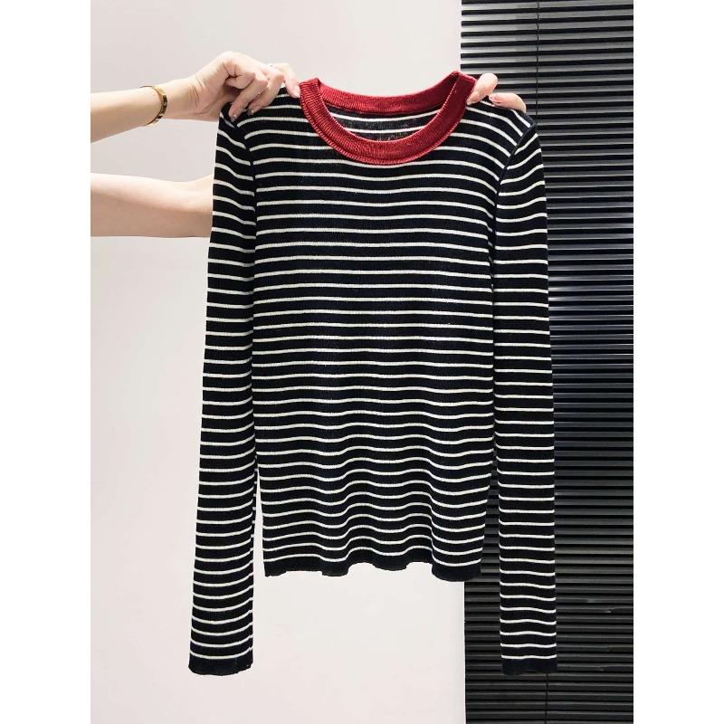 

Contrasting striped crew neck knitted sweater women s autumn and winter inner long-sleeved bottoming shirt soft waxy sweater basic front shoulder top L