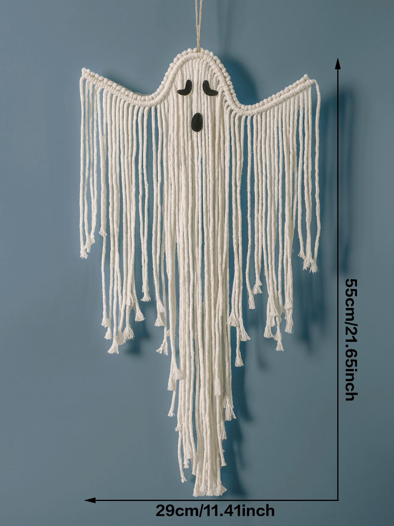 White Macrame Halloween Ghost Wall Hanging Tapestry, Hand-Woven Tassels Tapestries for Home, Bedroom Living Room Wall Decor Gift