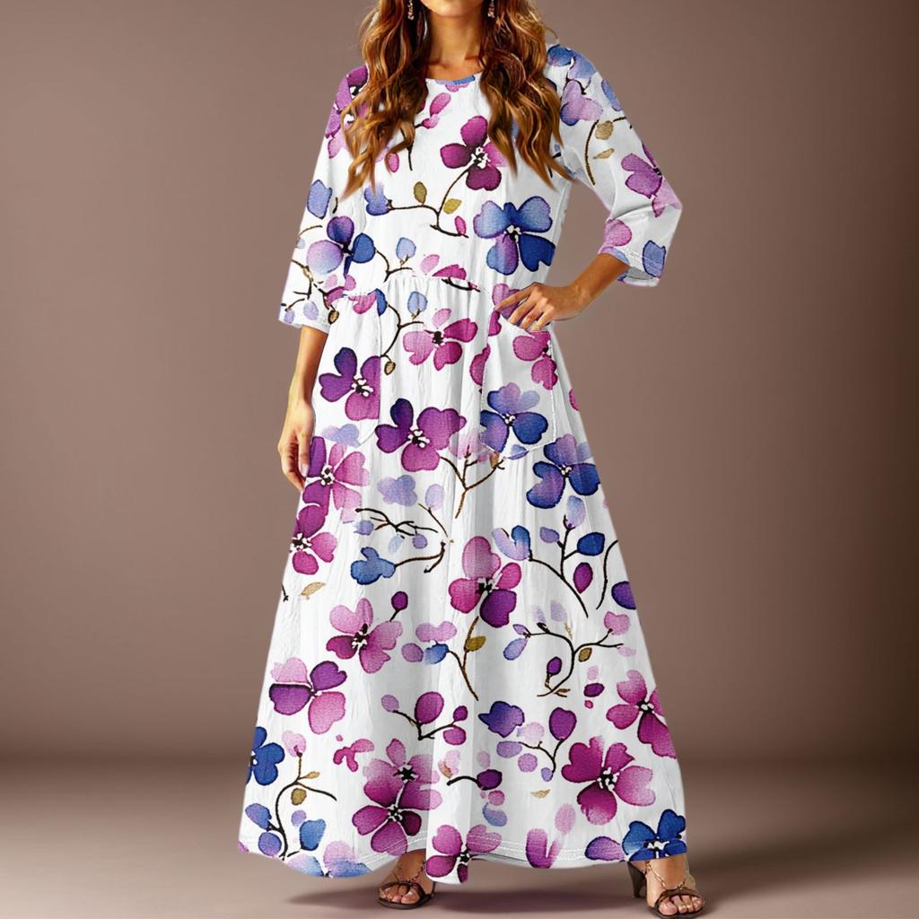 Damen Freizeitmode Blumenmuster Dreiviertelarm Langes Kleid mit Taschen