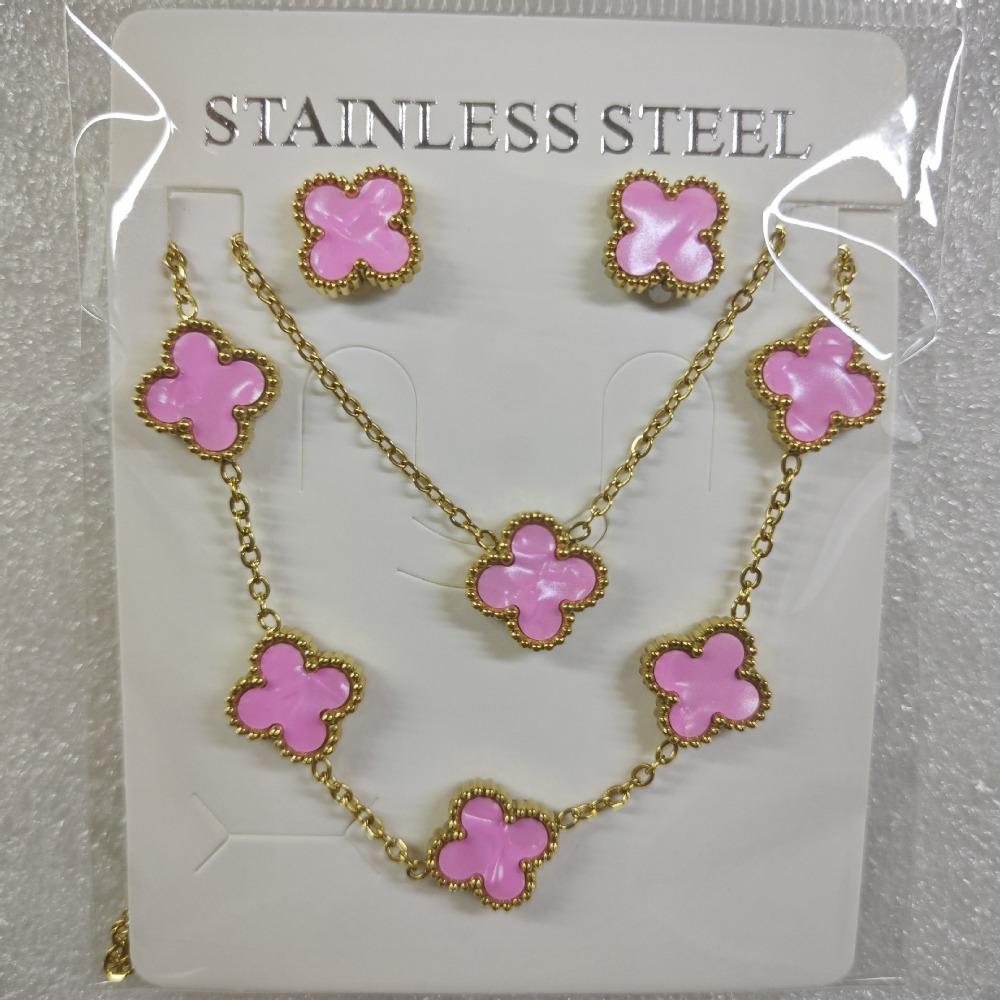 Set Nou de Bijuterii din Oțel Titanic – Colier, Cercei Trifoi cu Patru Frunze și Brățară cu Cinci Flori – Un Set de Bijuterii de Nișă High-end