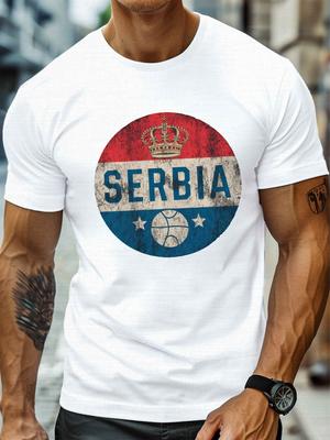 Basketball SERBIA Flag Color Pattern -100% Cotton O-neck Short Sleeve Summer Casual Printed T-shirt. - Men's Summer Cotton Gr...