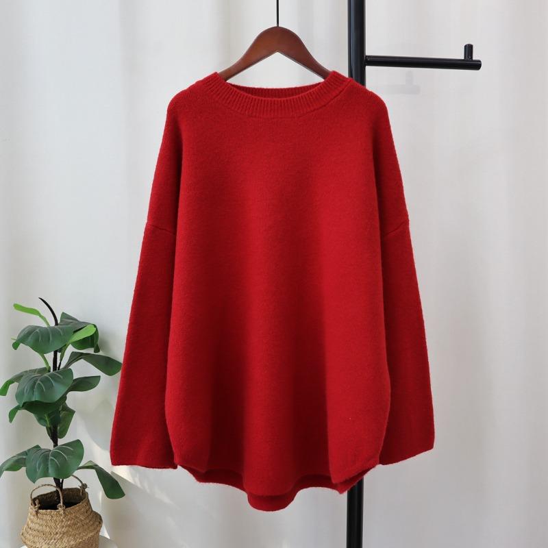 Thickened solid color medium and long knitted sweater top women's autumn and winter new loose soft waxy lazy wind sweater pullover