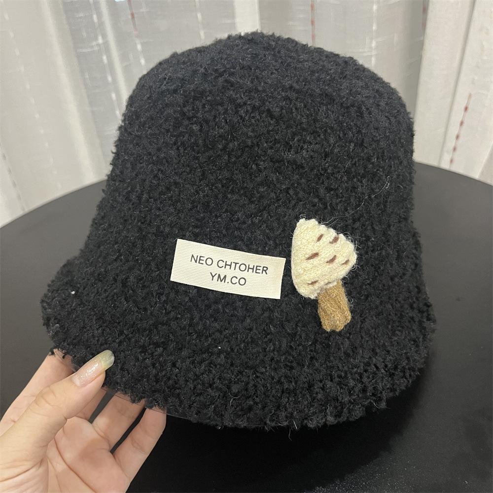 Cute three-dimensional mushroom bucket hat autumn and winter new lamb wool warm and cold-proof split bucket hat female