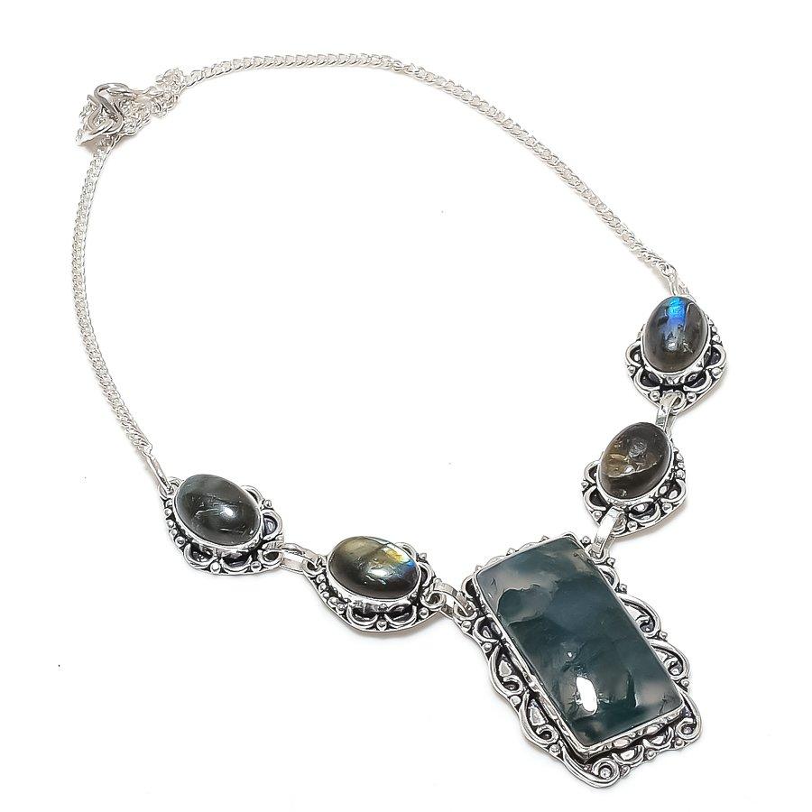 Natural Indian Moss Agate Gemstone 925 Sterling Silver Jewelry Necklace 18" m1Q84