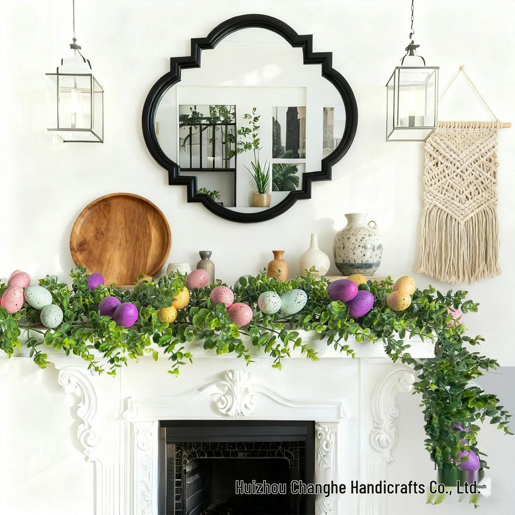 Oster-Rattan-Eukalyptusblätter mit bunten Eierranken für die Innendekoration