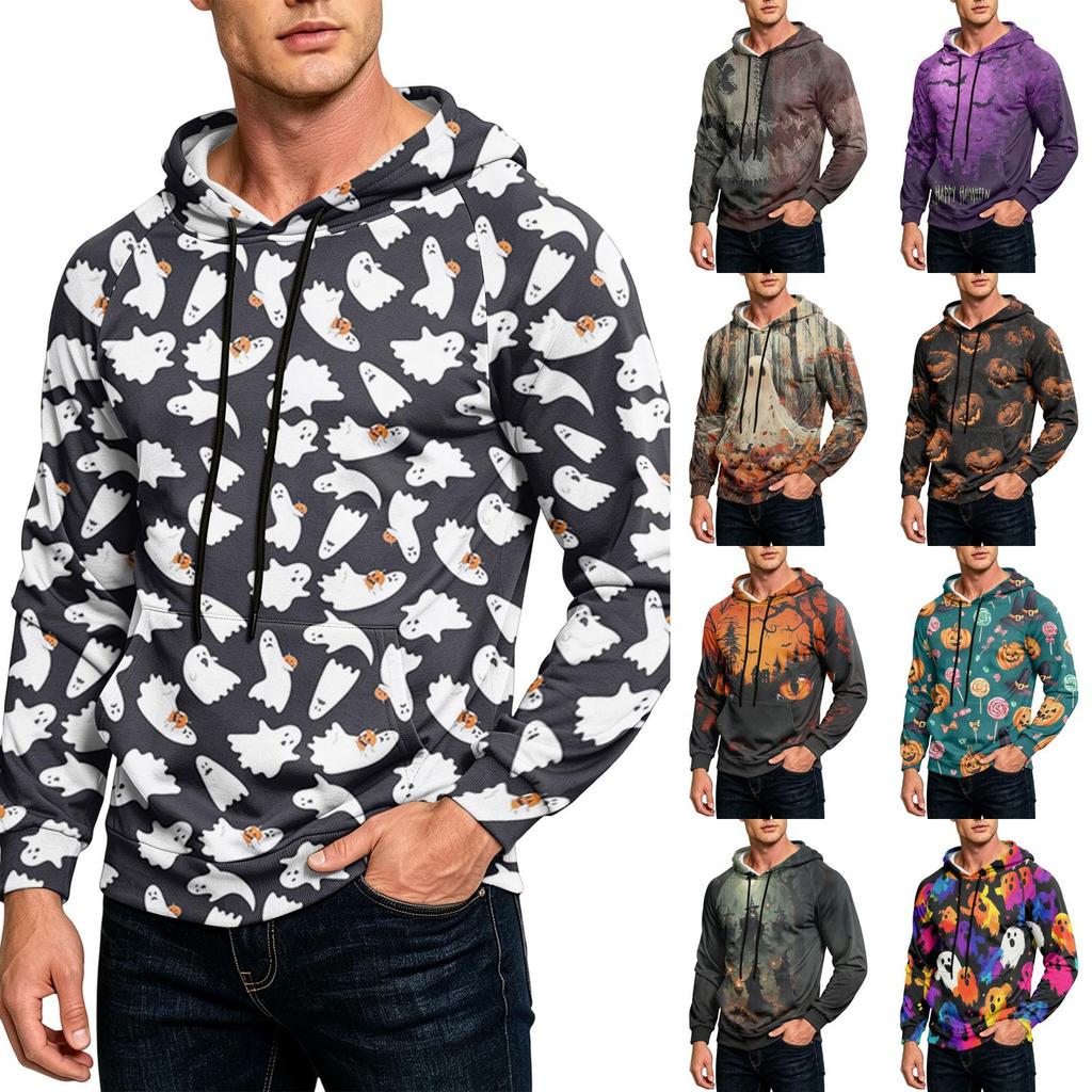 Men's Casual Loose Fit Printed Hoodie with Kangaroo Pocket and Drawstring for Everyday Wear