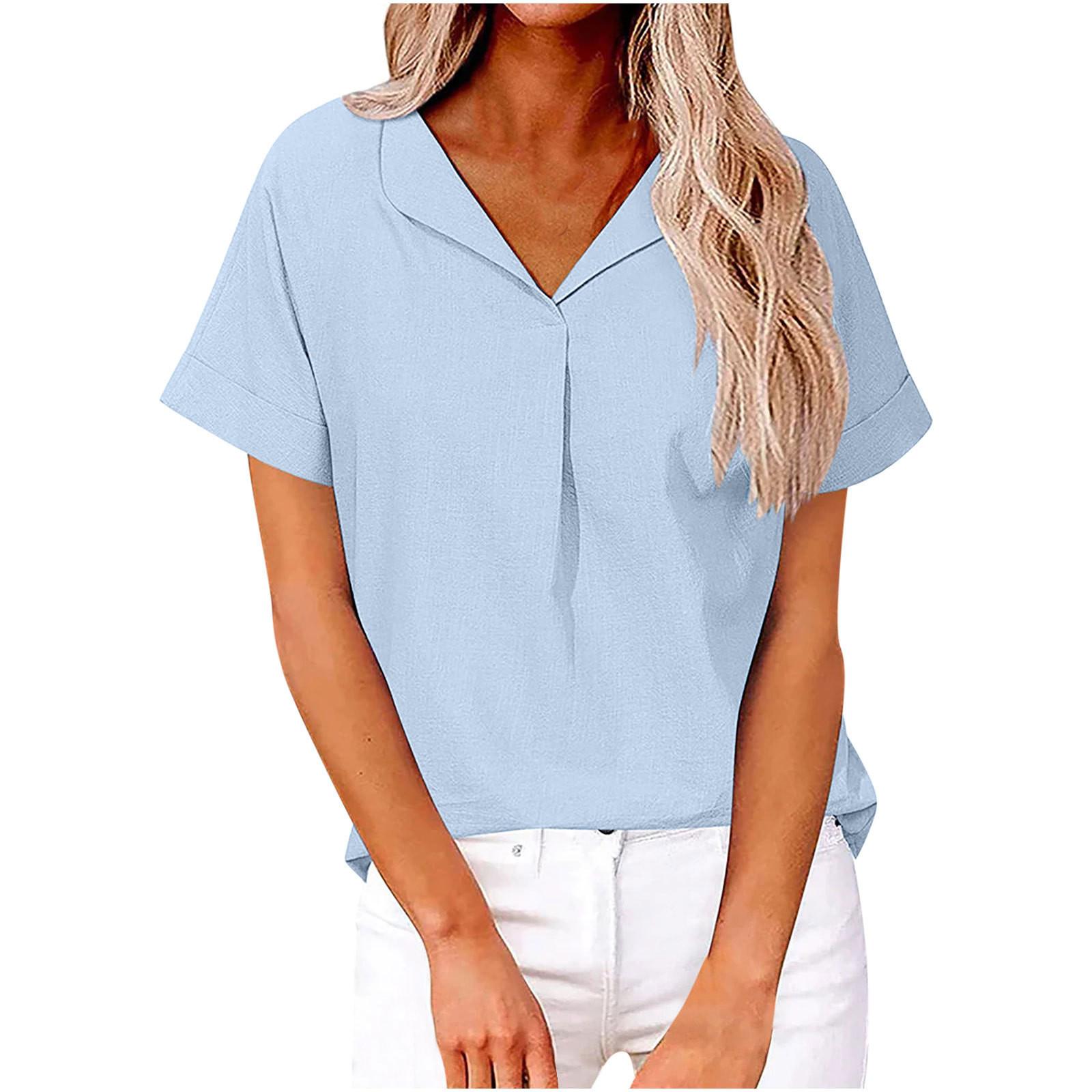 

Женская свободная повседневная рубашка из хлопка и льна, однотонная рубашка с короткими рукавами и v-образным вырезом с лацканами XL