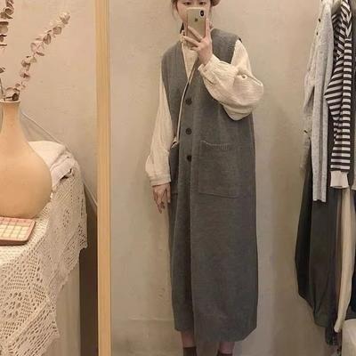 Long V-neck Knitted Vest Skirt Large Size Soft Waxy Vest Dress Lazy Wind Belly Sweater Skirt Women's Clothing