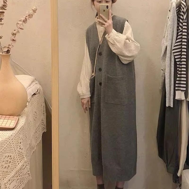 Long V-neck knitted vest skirt large size soft waxy vest dress lazy wind belly sweater skirt women's clothing