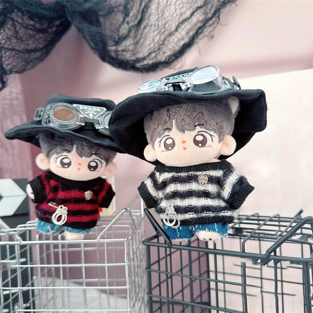 Niannyyhouse 10cm-15cm Plush Doll Clothes, Hat, Sweater, Jeans, Goggles, 17cm Doll Clothes, Dress-Up (Black)