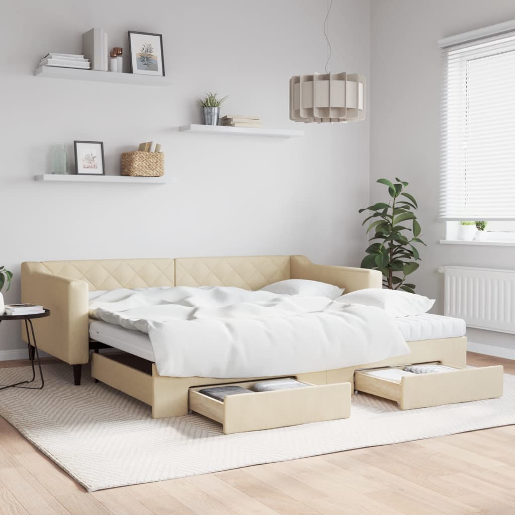 Pull Out Daybed with Drawers Cream 100x200 Cm Fabric