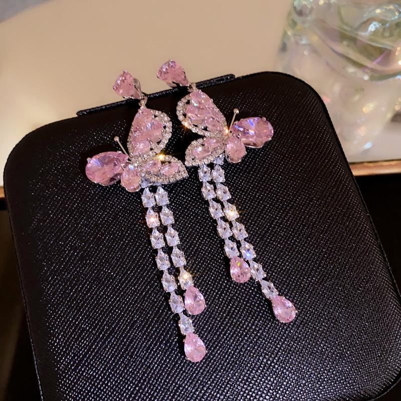 Silver Needle Pink Butterfly Zircon Cutout Stud Earrings - High-End Luxury Fashion Jewelry