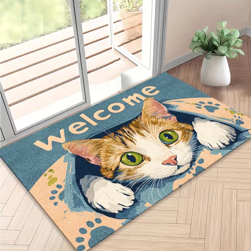 Welcome Entryway Mat Cute Orange Cat Peeking Design Anti-slip Floormat Warm Playful Indoor Home Decor Rug for Doorway Greeting