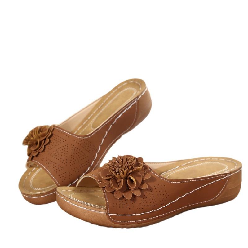 Summer Sandals  comfortable Non-slip Wedge Sandals for Women all Day Walking PU Leather Solid Color Open-Toe Slides Flat Beach Sandals