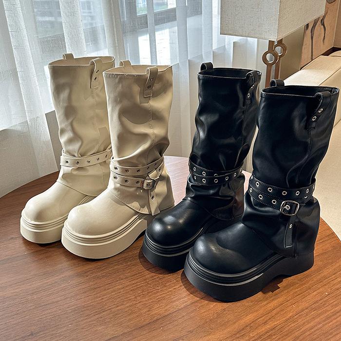 White retro platform boots women's boots 2025 new autumn versatile small height-increasing and thin trouser boots