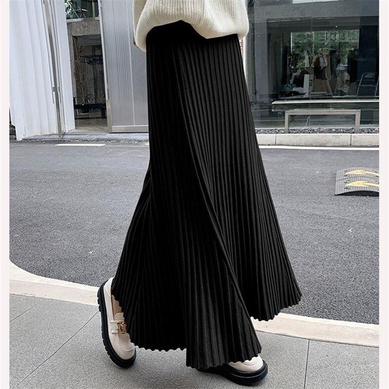 Pleated Skirt Women High Waist Slim Vintage A-Line Skirt New Autumn Winter Simple Classic Warm Female Knit Long Skirt