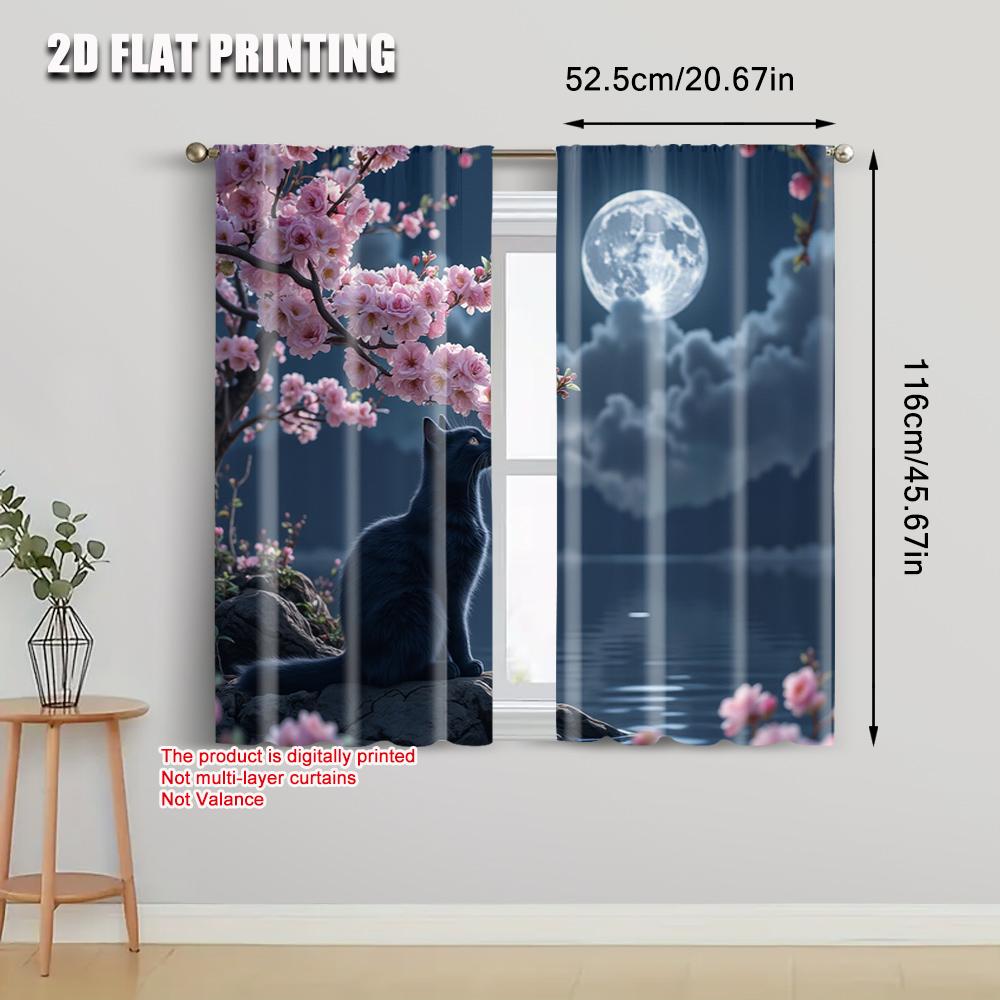 2pcs,2D plane printing Window Curtain Cherry Blossom Black Cat Versatile Polyester Fabric (without rod) Festive Perfect for