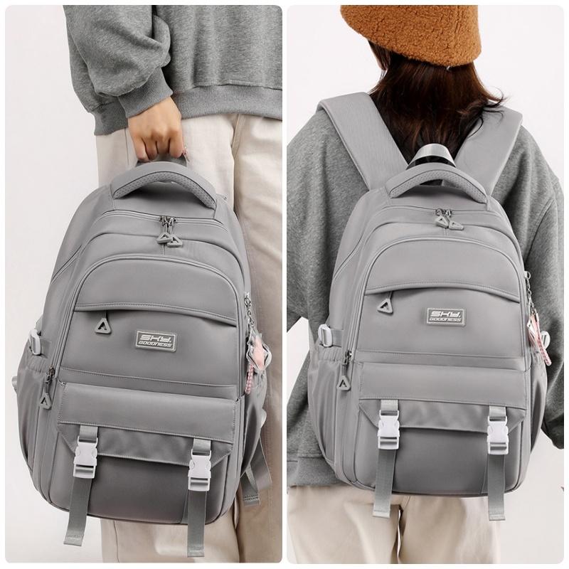 Simple Solid Color Middle School Student Backpack Casual Large Capacity Travel Rucksacks Practical Multi-layer Pockets High School Girls School Bags