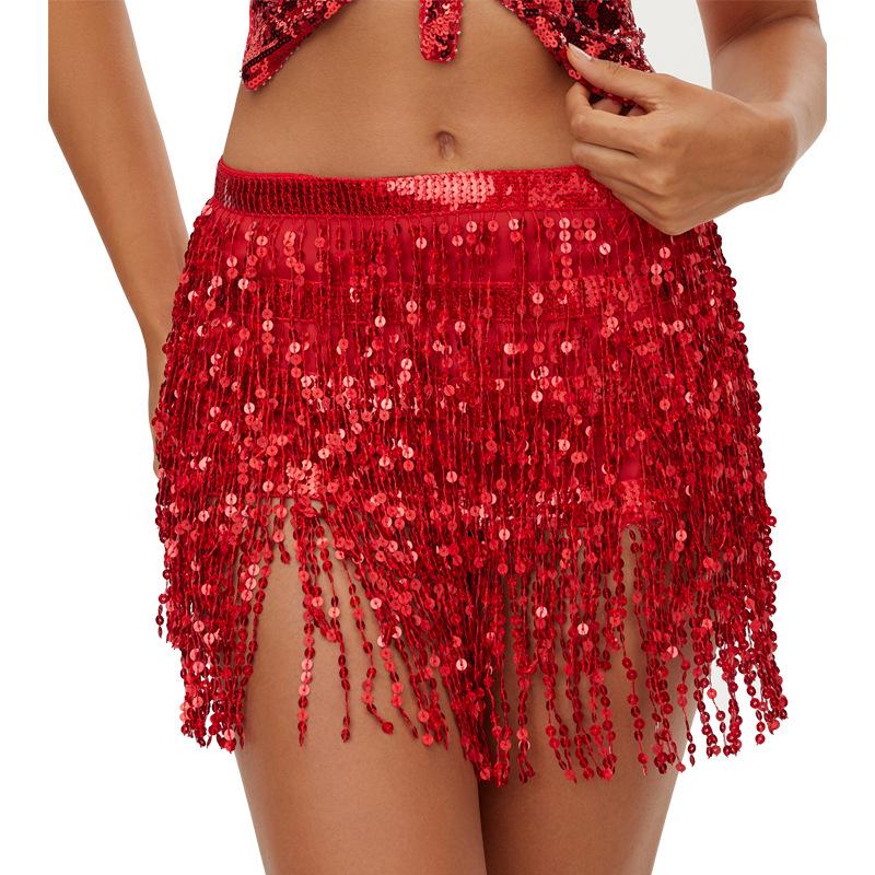 Bohemian Sequin Hip Scarf: Four-layer Tassel Waist Chain Belly Dance Costume for Women. Perfect for Halloween Performances.